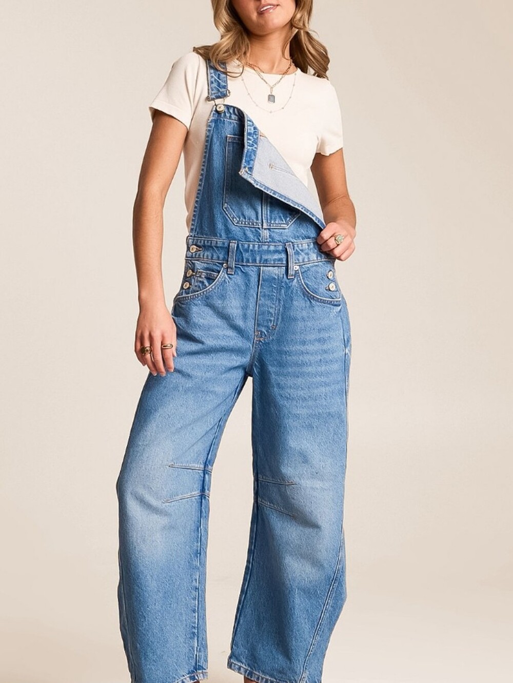 Free People Good Luck Barrel Leg Overalls Blue Cotton Denim XL Farm - Picture 3 of 13